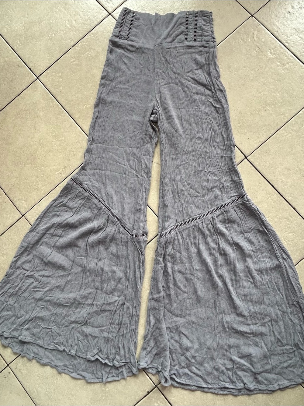 Rewash Gray Boho Flare Pants with Crochet Trim